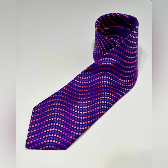 Ted Baker Tie London Purple Wavy Multi Colored Dots 100% Silk Hand Tailored - Picture 1 of 8